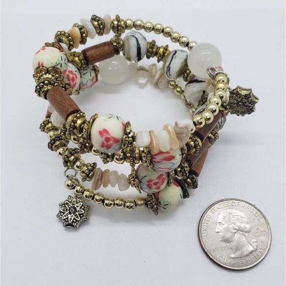 50% Off 3 Or More Boho Beaded Wrap Bracelet Gold Tone Cream & Brown Beads - Picture 6 of 12